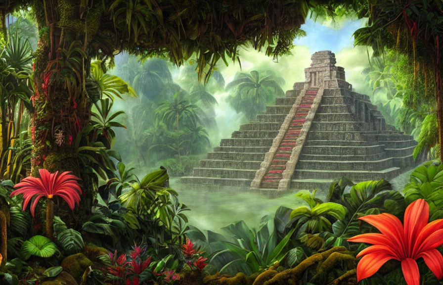 Ancient pyramid in lush jungle with vibrant flora and mystical fog