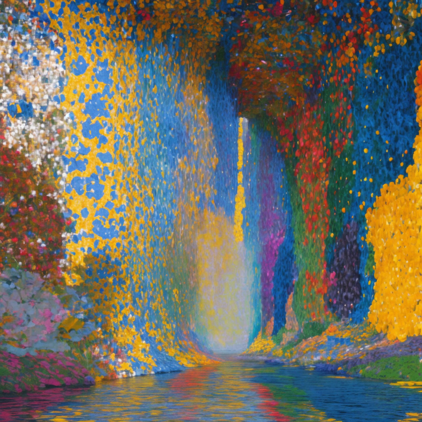 Impressionistic painting of tree-lined tunnel with colorful leaves and water reflection