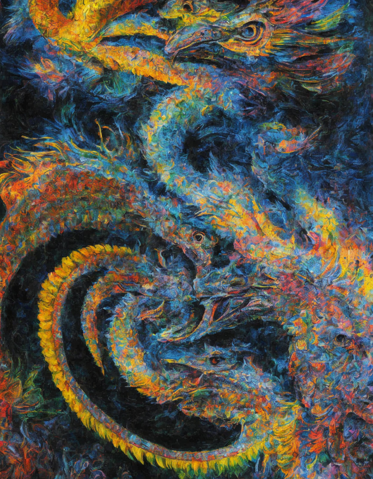 Colorful abstract painting of a phoenix in bold fiery swirls