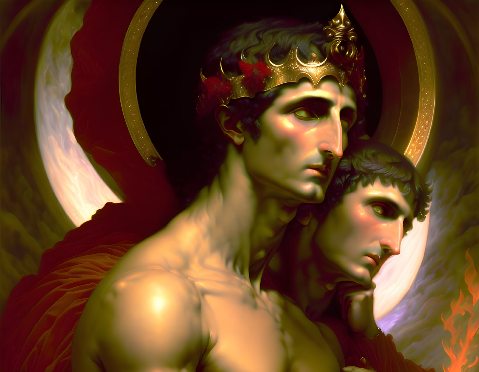 Regal figures with golden crowns in warm, rich digital painting