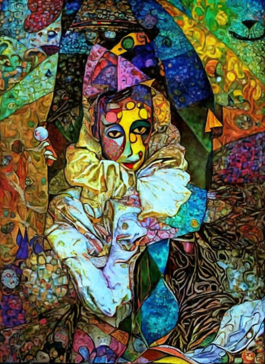 Abstract, colorful image of a melancholic clown with mask in vibrant costume, set against a mosaic-like