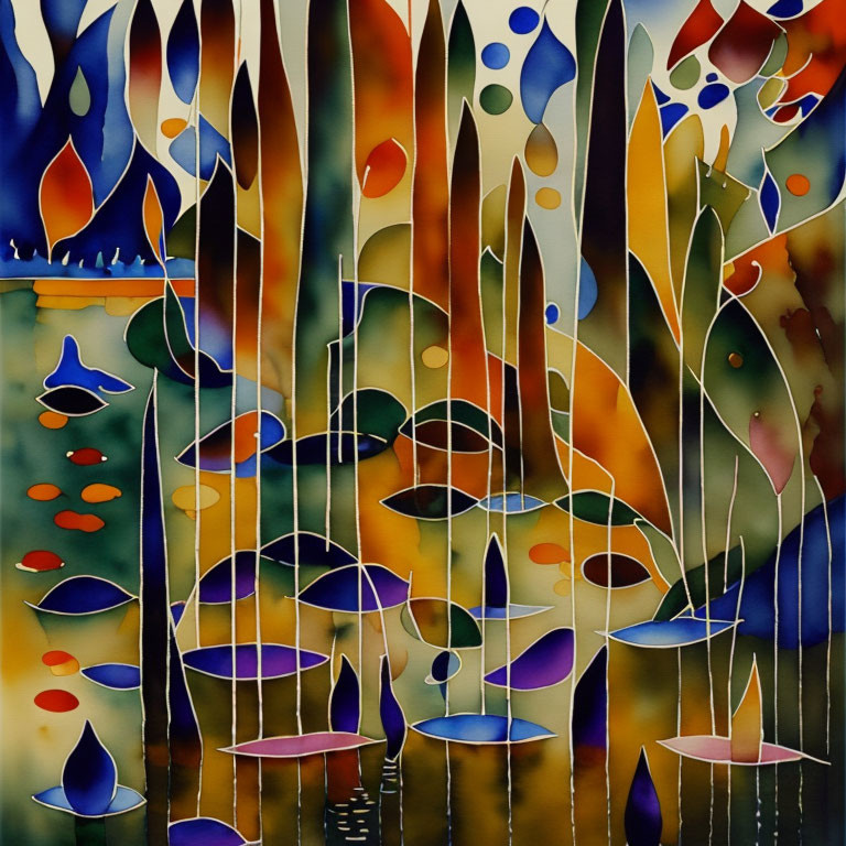 Colorful Abstract Painting with Leaf and Water Droplet Motifs