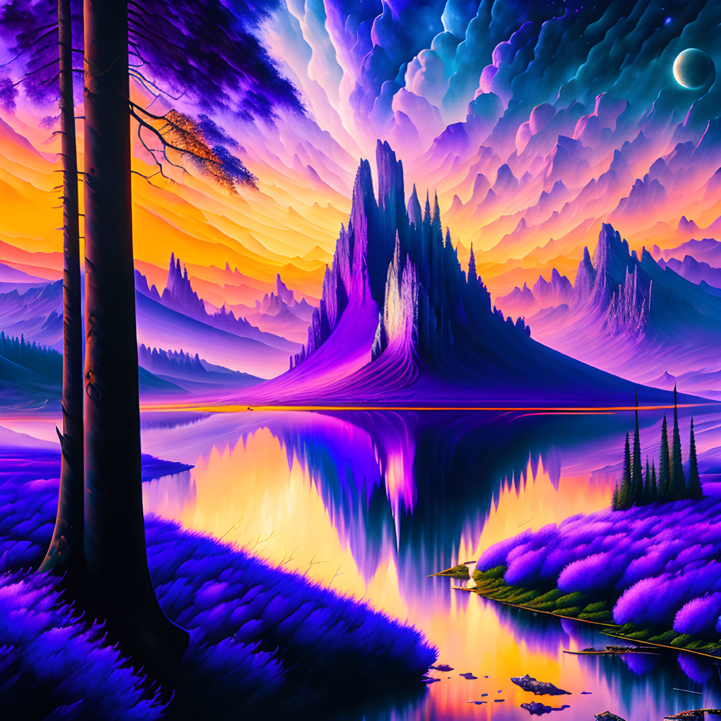 Surreal landscape digital artwork with purple hues and majestic mountains