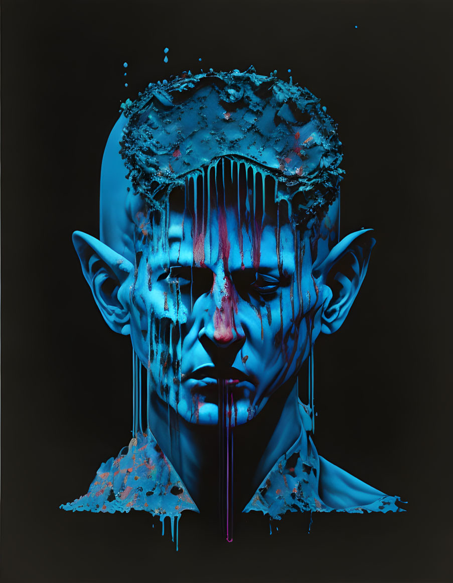 Blue-Toned Humanoid Portrait with Melting Features