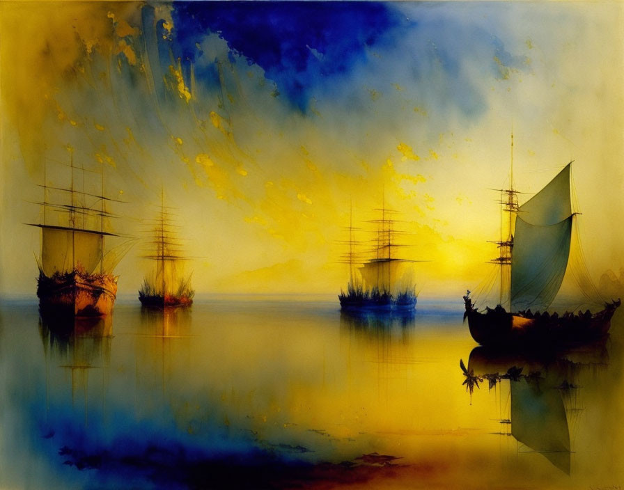 Tranquil sailing ships on blue and golden waters