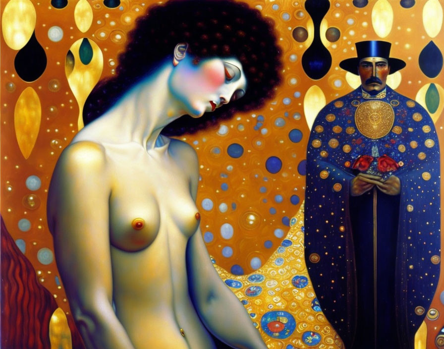 Surreal painting with nude woman and man in uniform holding sphere