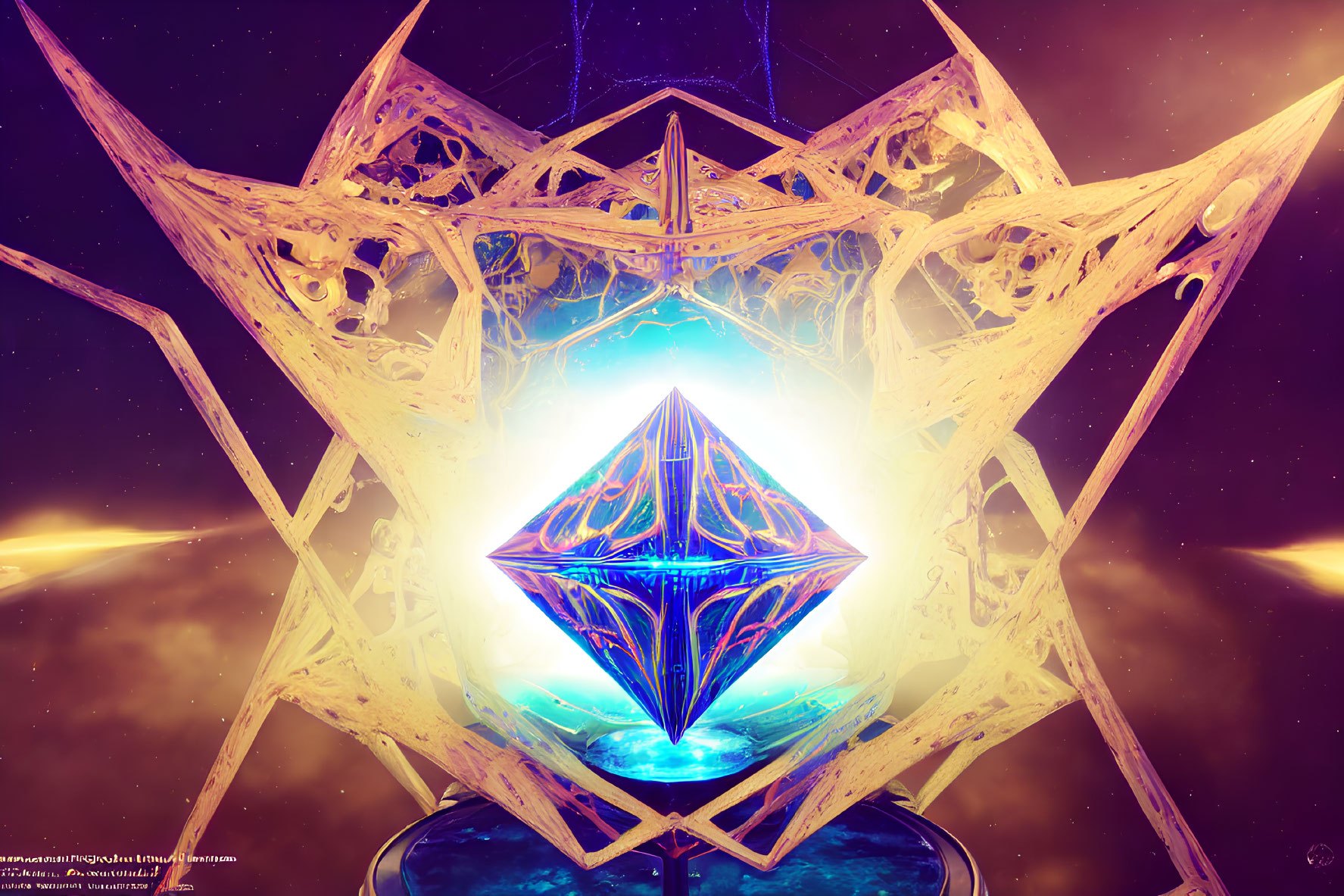 Intricate glowing geometric structure with radiant crystal in cosmic backdrop