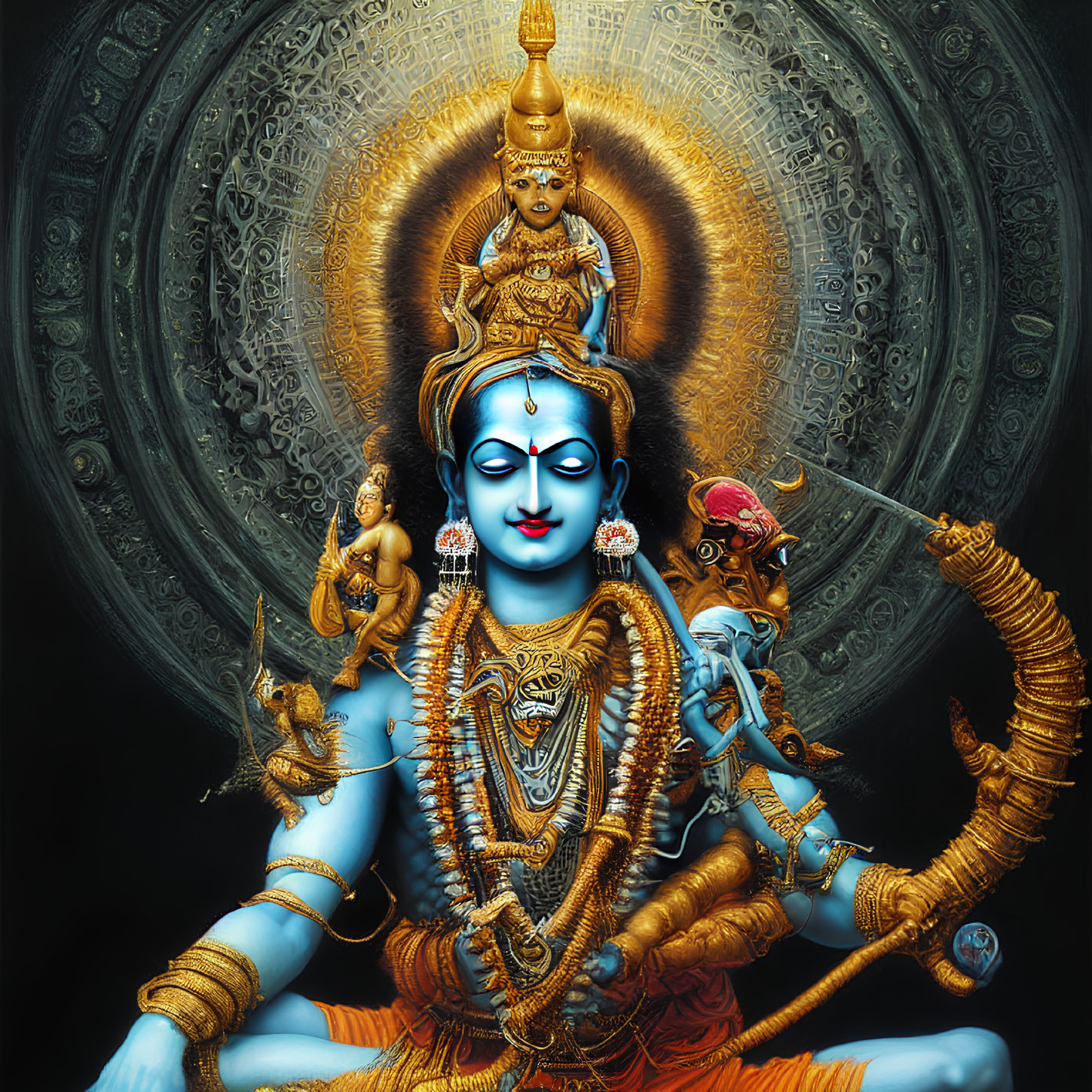 Vibrant multi-armed blue deity in ornate setting