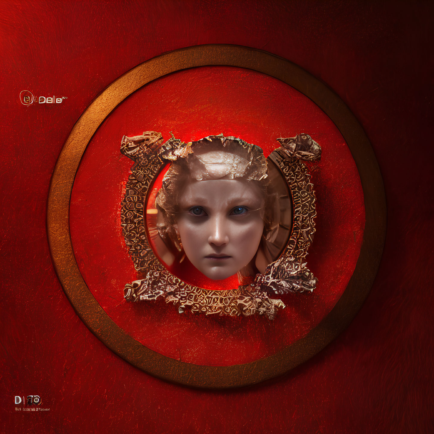 Surreal human face in circular frame on red background with golden details