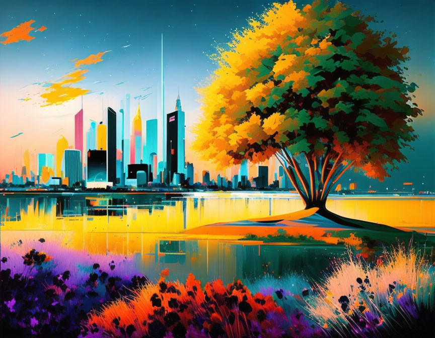 Colorful cityscape painting with autumn tree and skyscrapers reflected in water