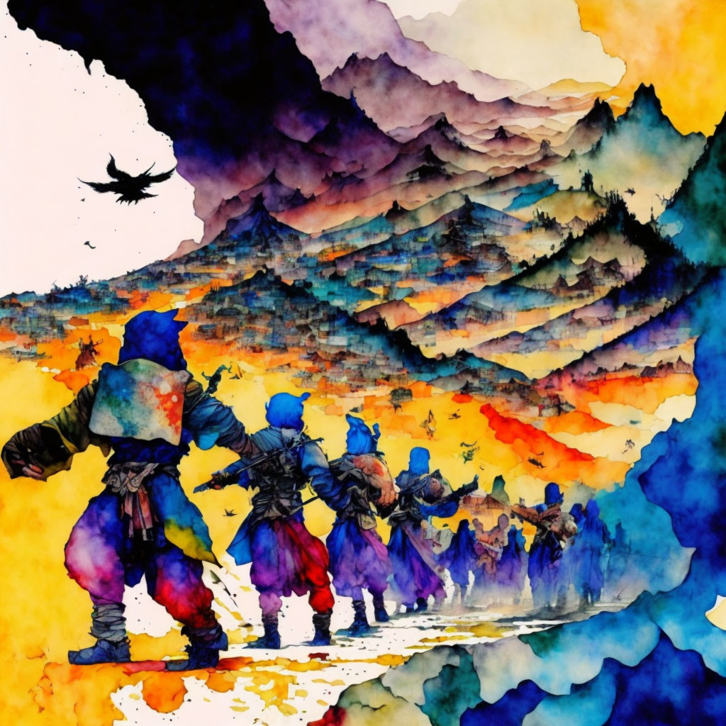 Colorful Watercolor Painting of Cloaked Figures on Journey Through Abstract Mountain Landscape