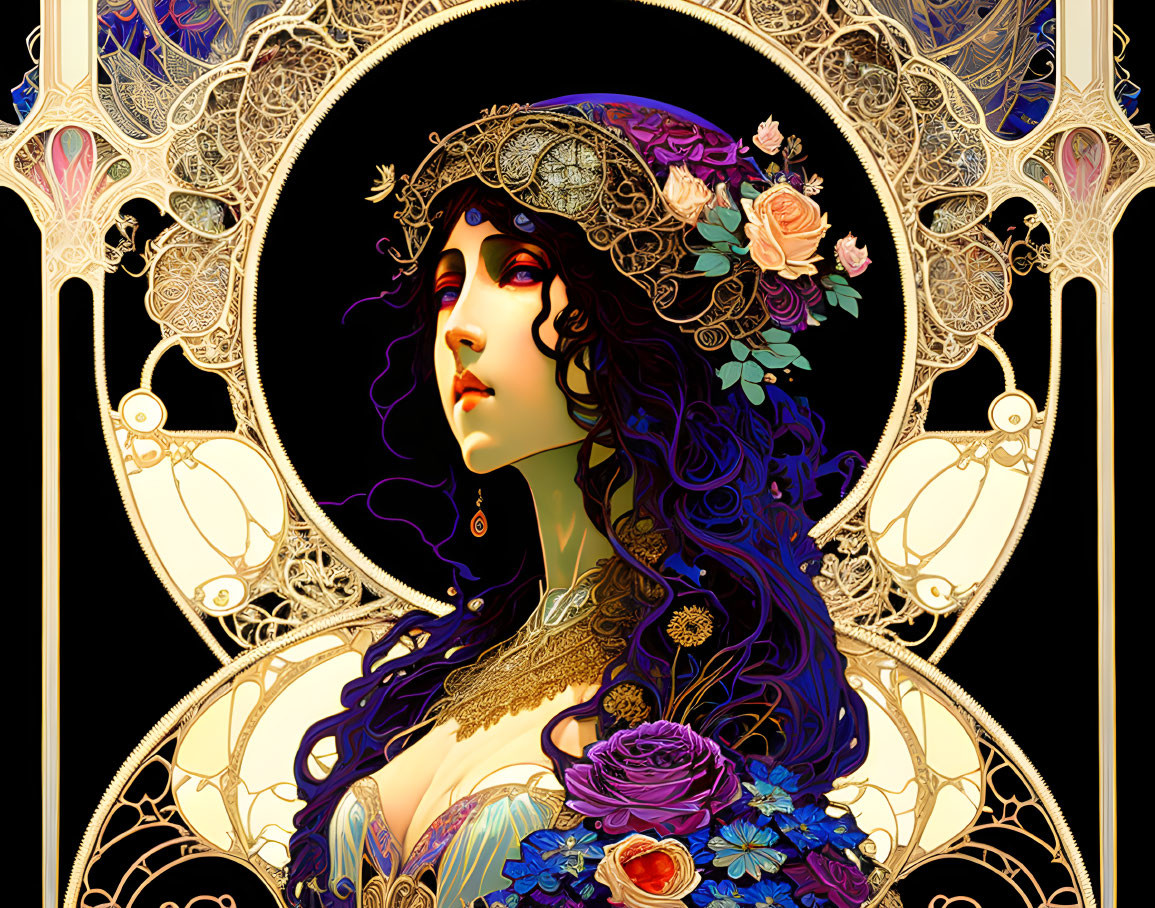 Detailed Art Nouveau Woman Illustration with Flowing Hair and Floral Adornments