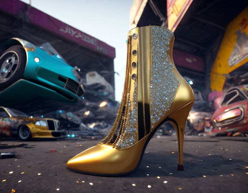 Gold high-heeled boot with sparkling embellishments in vibrant junkyard setting