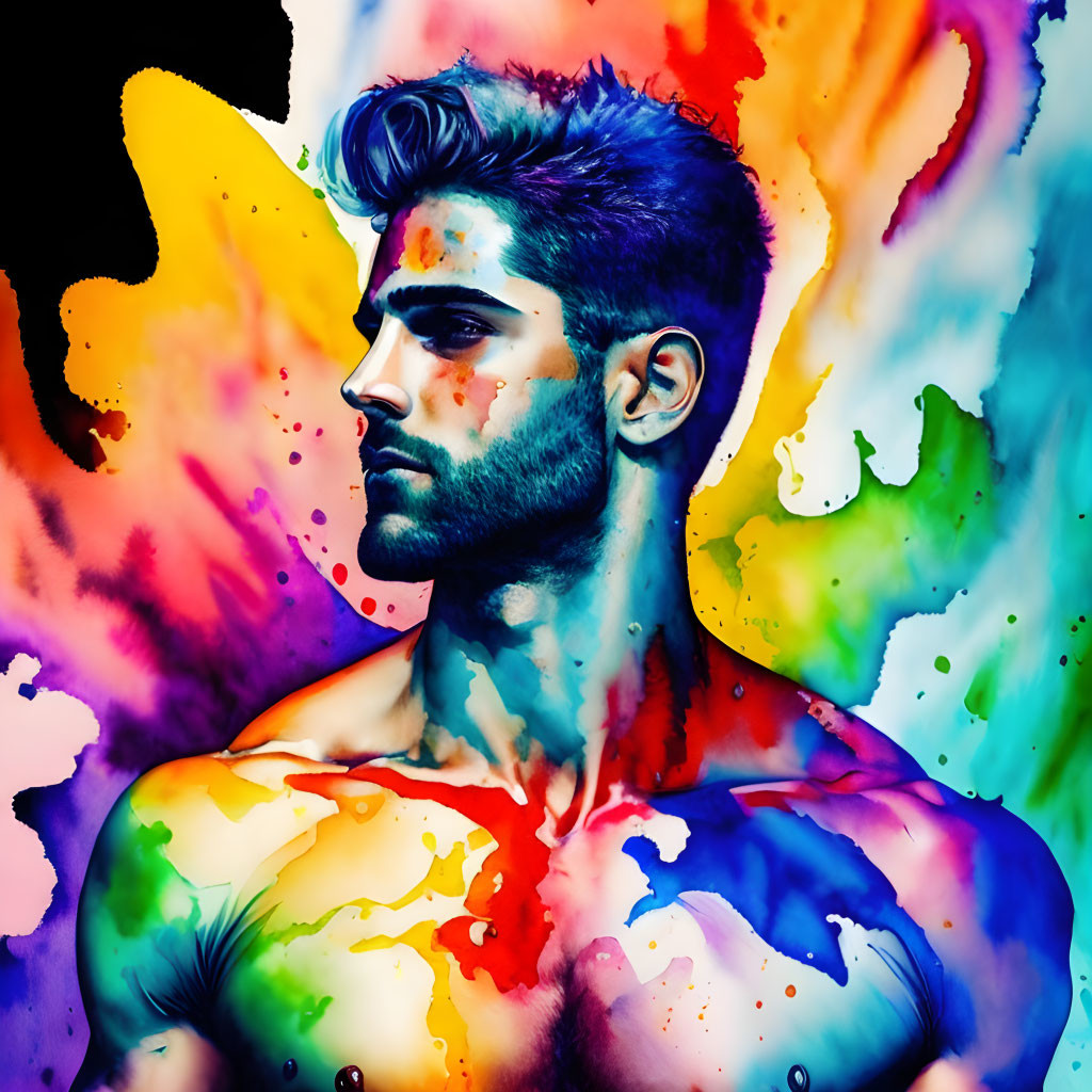 Colorful profile portrait of a man with paint splashes on black background