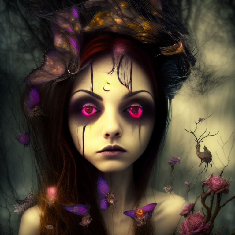 Mystical female figure with red eyes in ethereal forest surrounded by insects and flowers