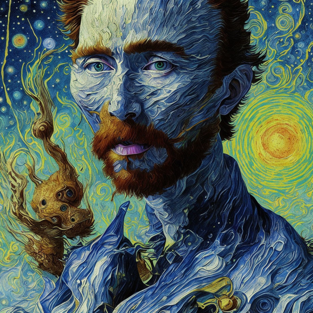 Man with Red Beard and Hair in Van Gogh's "Starry Night" Style