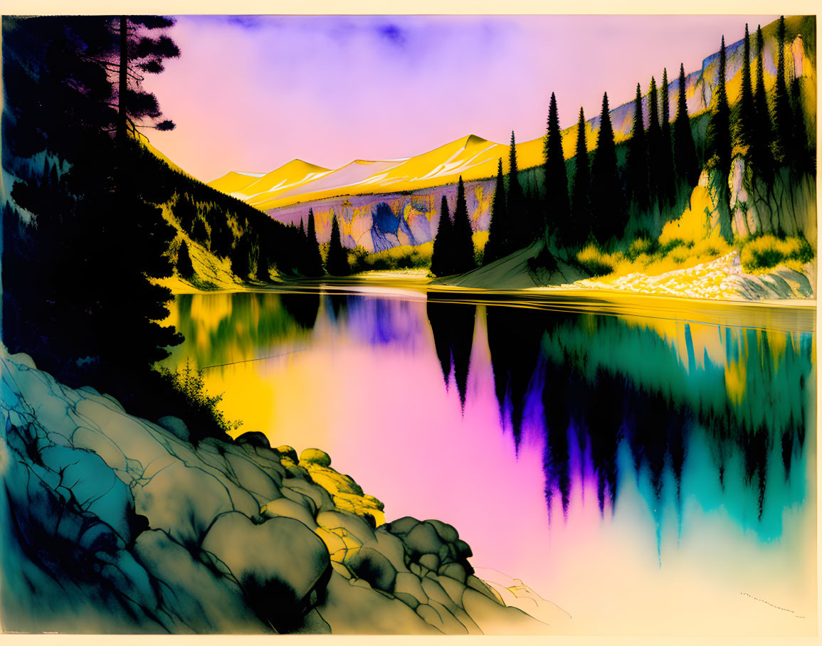 Colorful Mountain Sunset Over Serene Lake Landscape