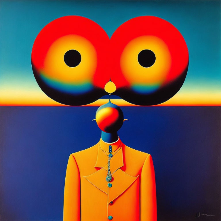 Surreal painting: Figure in bright orange suit with bulbous red head, black eyes, blue