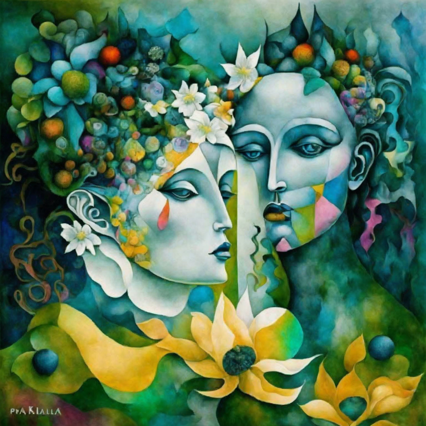 Colorful painting featuring two stylized faces with shared eye amidst floral motifs on teal background