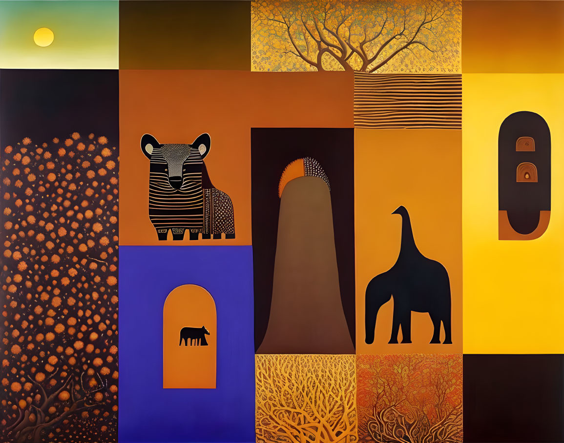 Vibrant grid painting of African wildlife and landscapes in orange, yellow, and blue