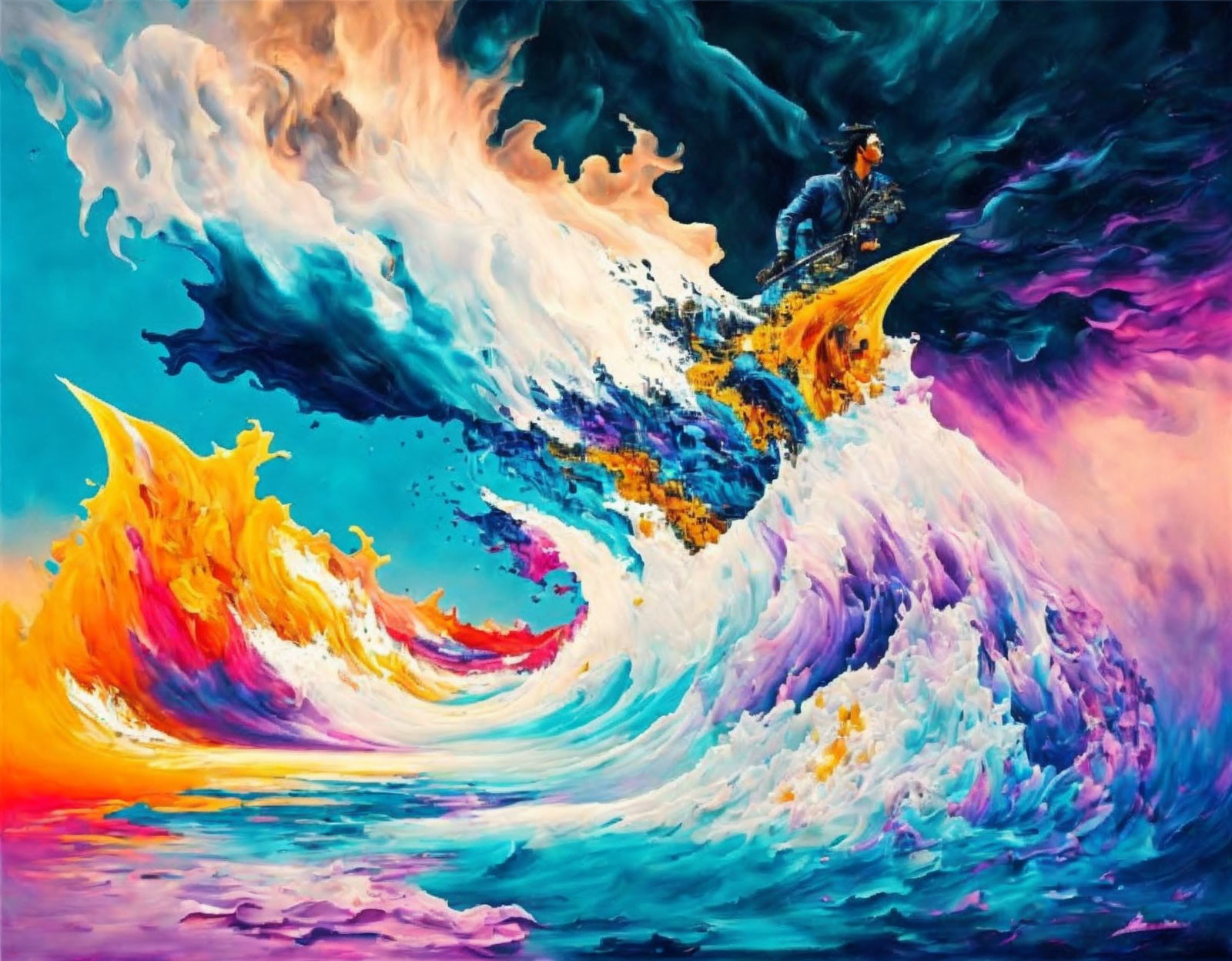 Colorful Surfing Scene with Dynamic Wave and Swirling Clouds