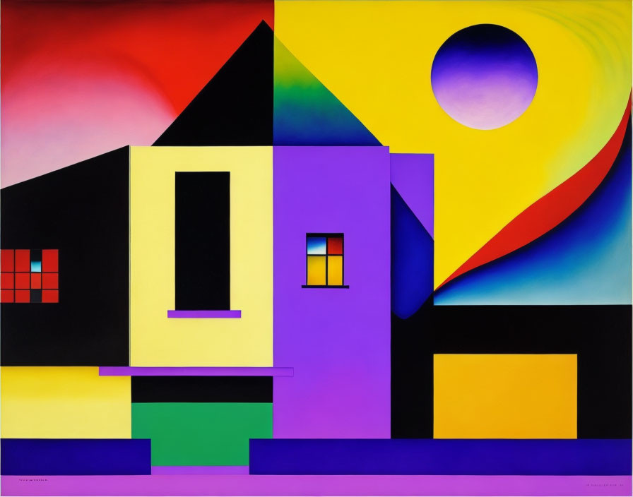 Colorful geometric painting of a stylized house with sharp angles and surreal elements on vibrant background