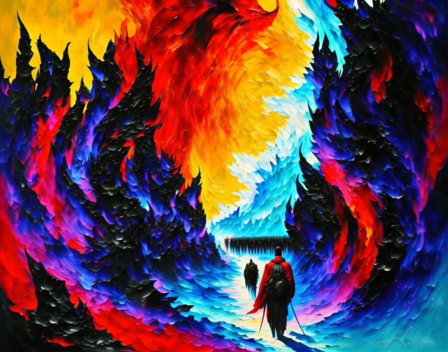 Colorful painting of winged figure in fiery and icy backdrop