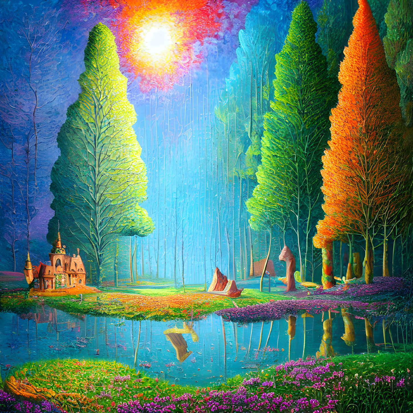 Whimsical forest painting with pond, colorful flora, and cottage