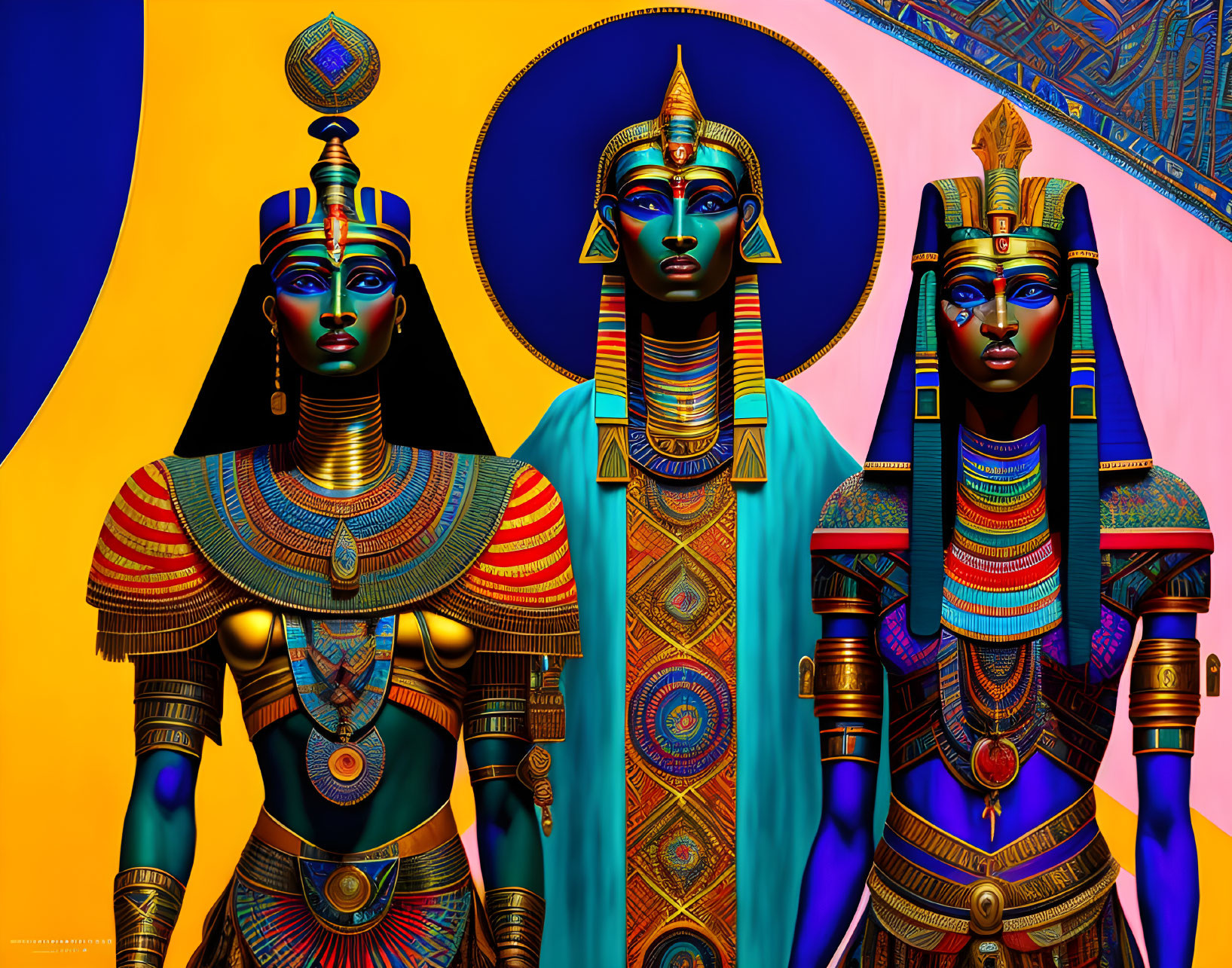 Vibrant digital figures styled as Egyptian royalty on colorful geometric backdrop