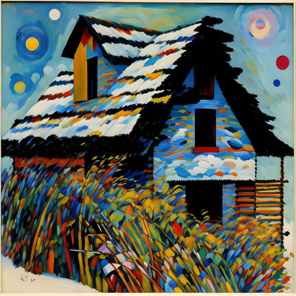 Colorful Expressionistic Snow-Covered House Painting