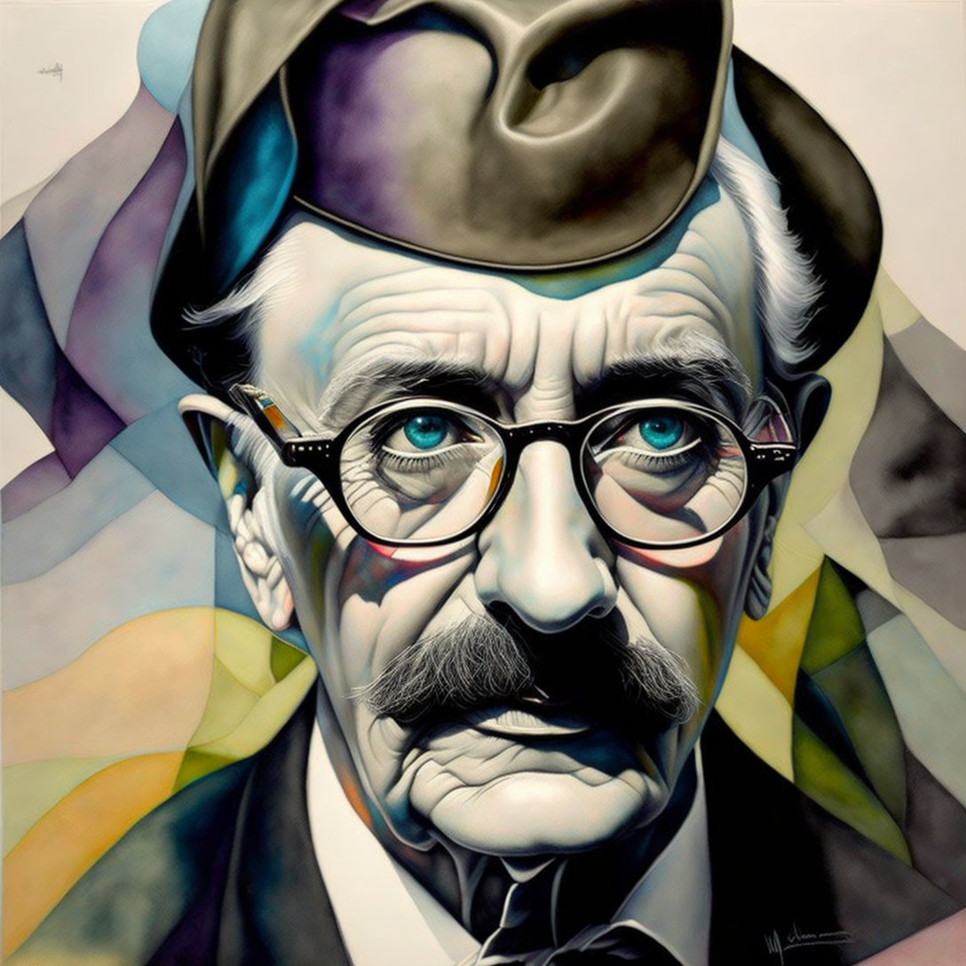 Vibrant portrait of a man with a mustache, hat, and glasses, set against abstract