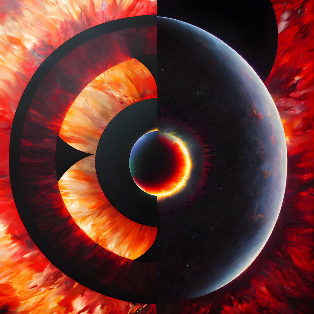 Digital Artwork: Split Design with Fiery and Space Themes