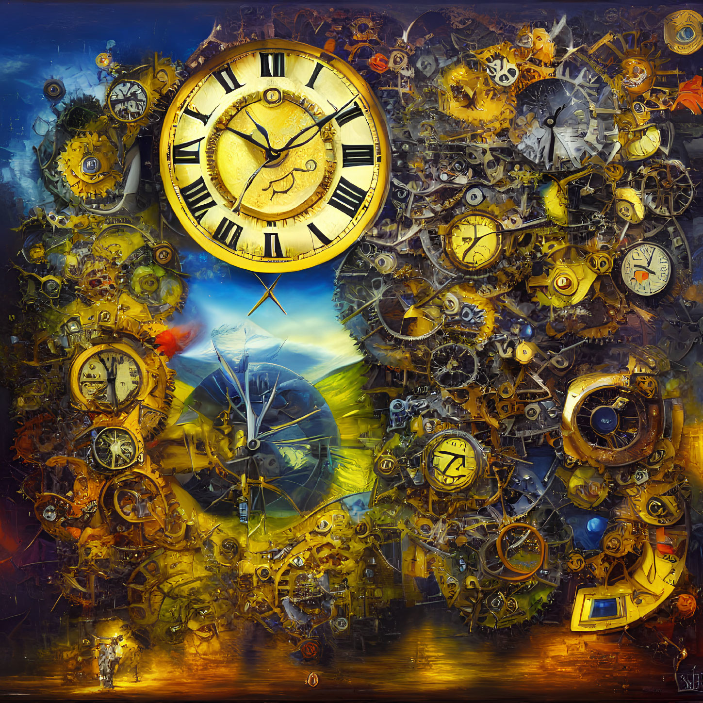 Steampunk collage with clocks, gears, and nature elements