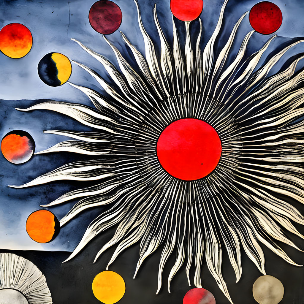 Colorful mural featuring stylized sun, black and white rays, circle patterns on blue backdrop