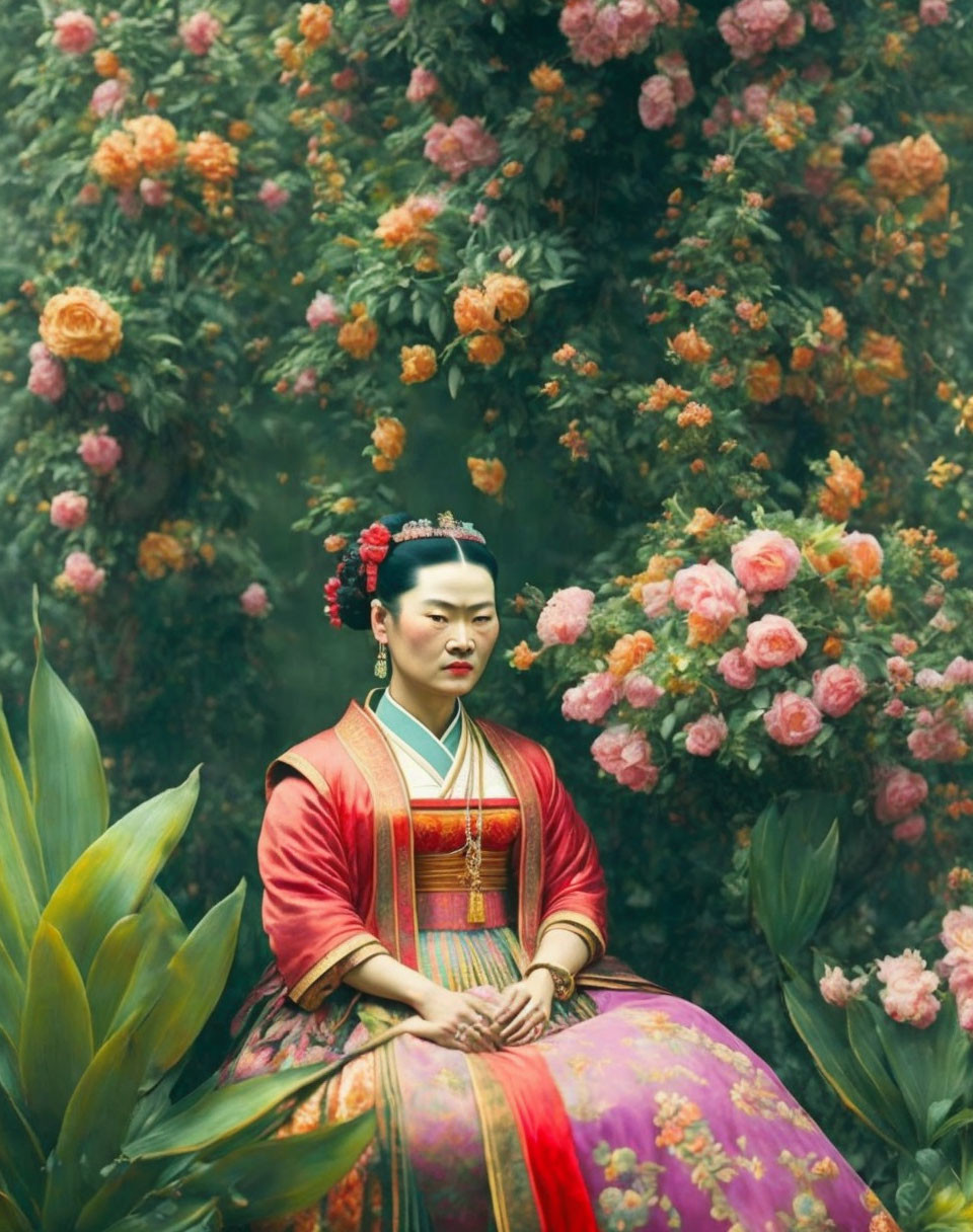 Traditional Asian Attire Woman Sitting Among Lush Flowers