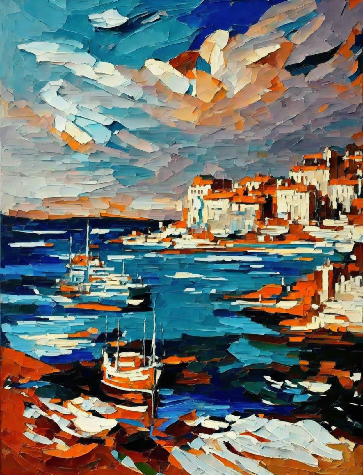 Vibrant Abstract Oil Painting of Coastal Cityscape with Boats