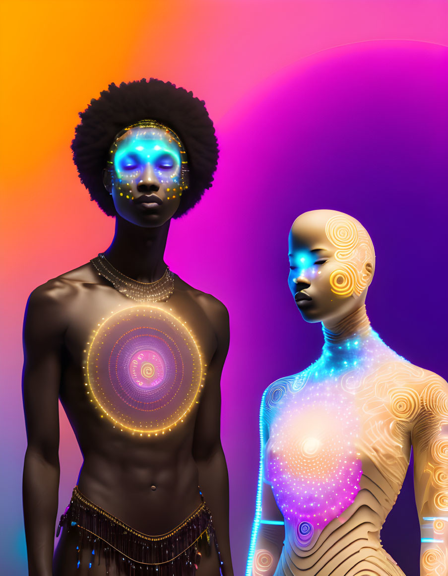 Glowing skin patterns on two figures on colorful background