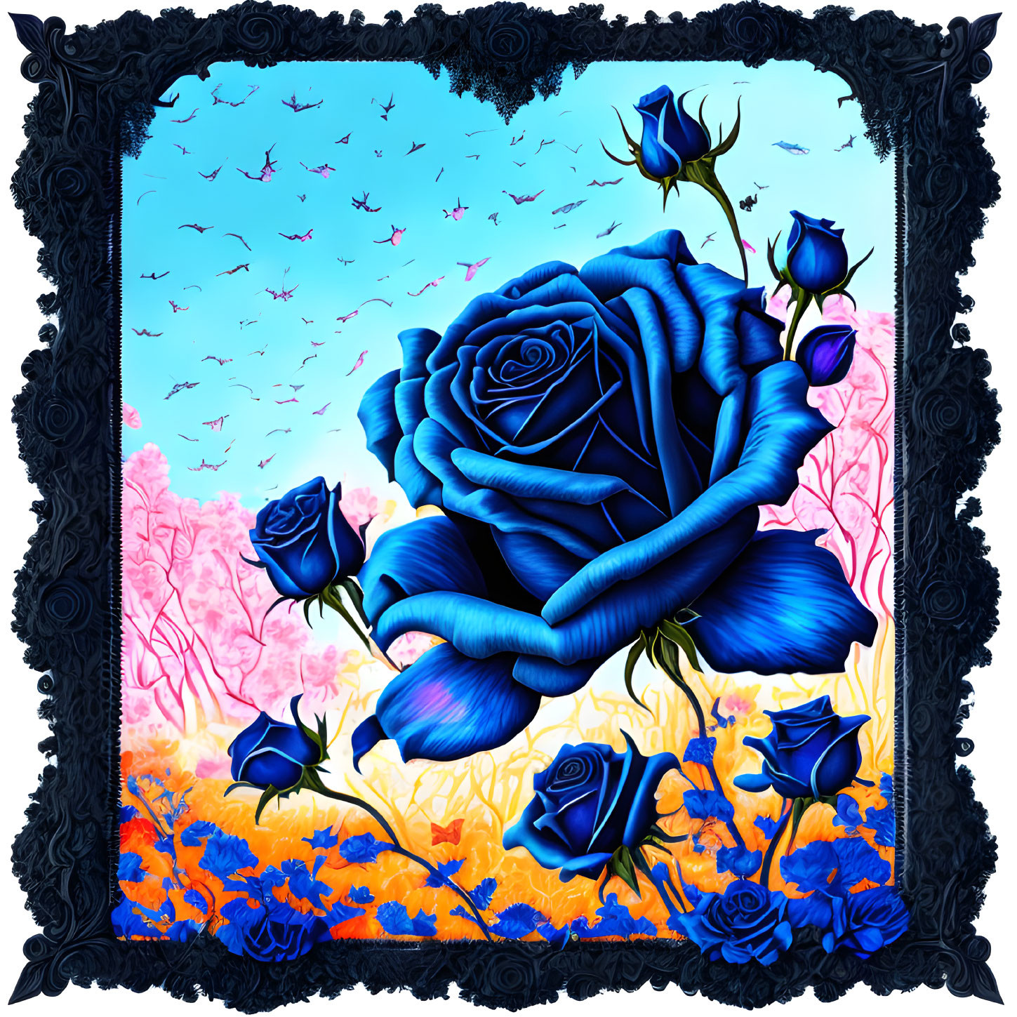 Digital art: Large blue rose, forest backdrop, pink hues, gothic black border, birds flying