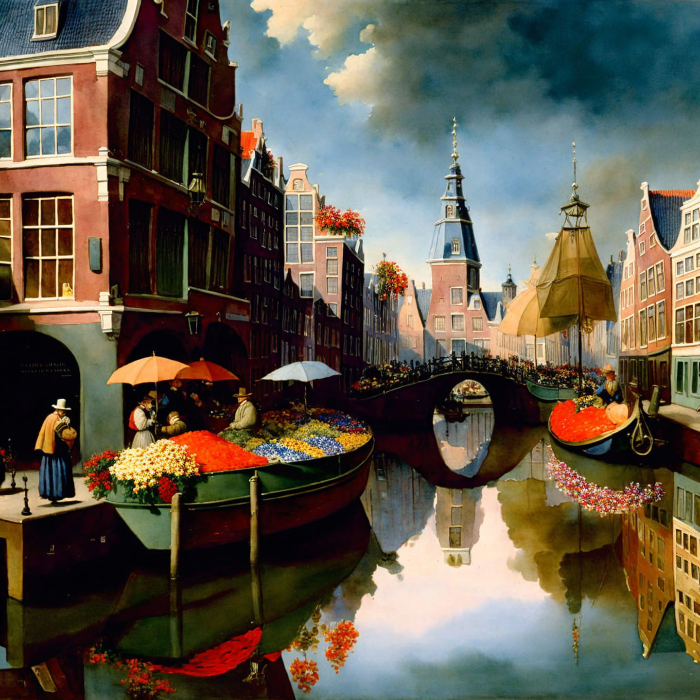 Colorful Dutch canal painting with flower markets, bridge, and traditional architecture.