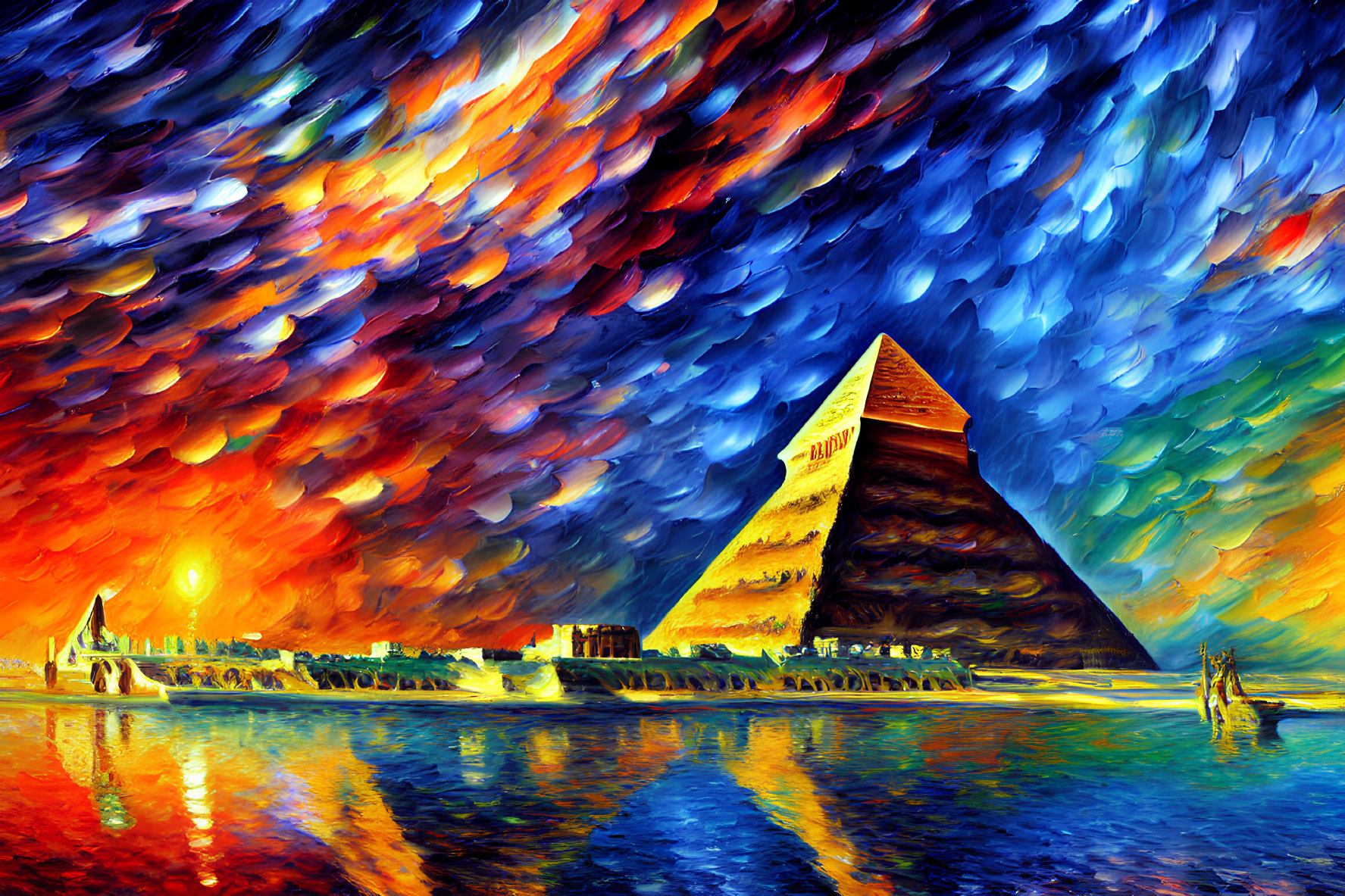 Impressionist-style painting of Great Pyramid of Giza at sunset