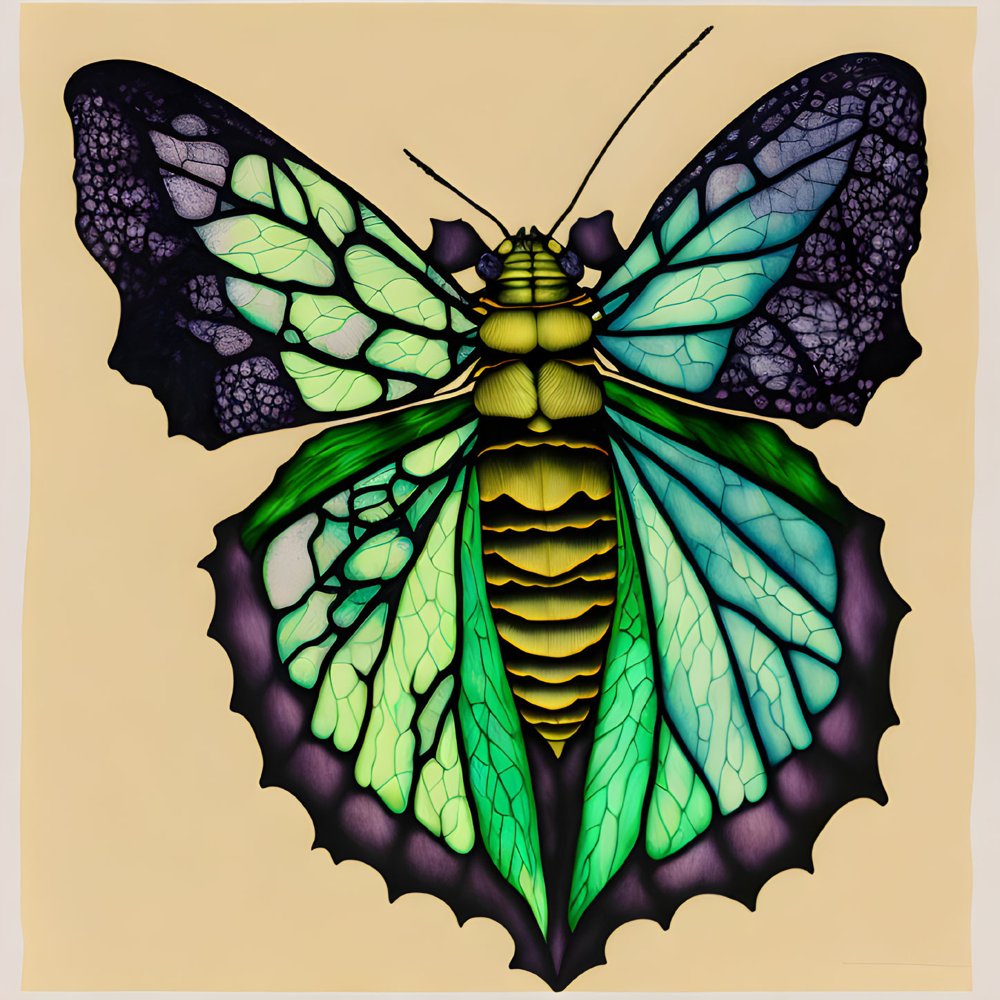 Butterfly with intricate black and green wings on yellow background