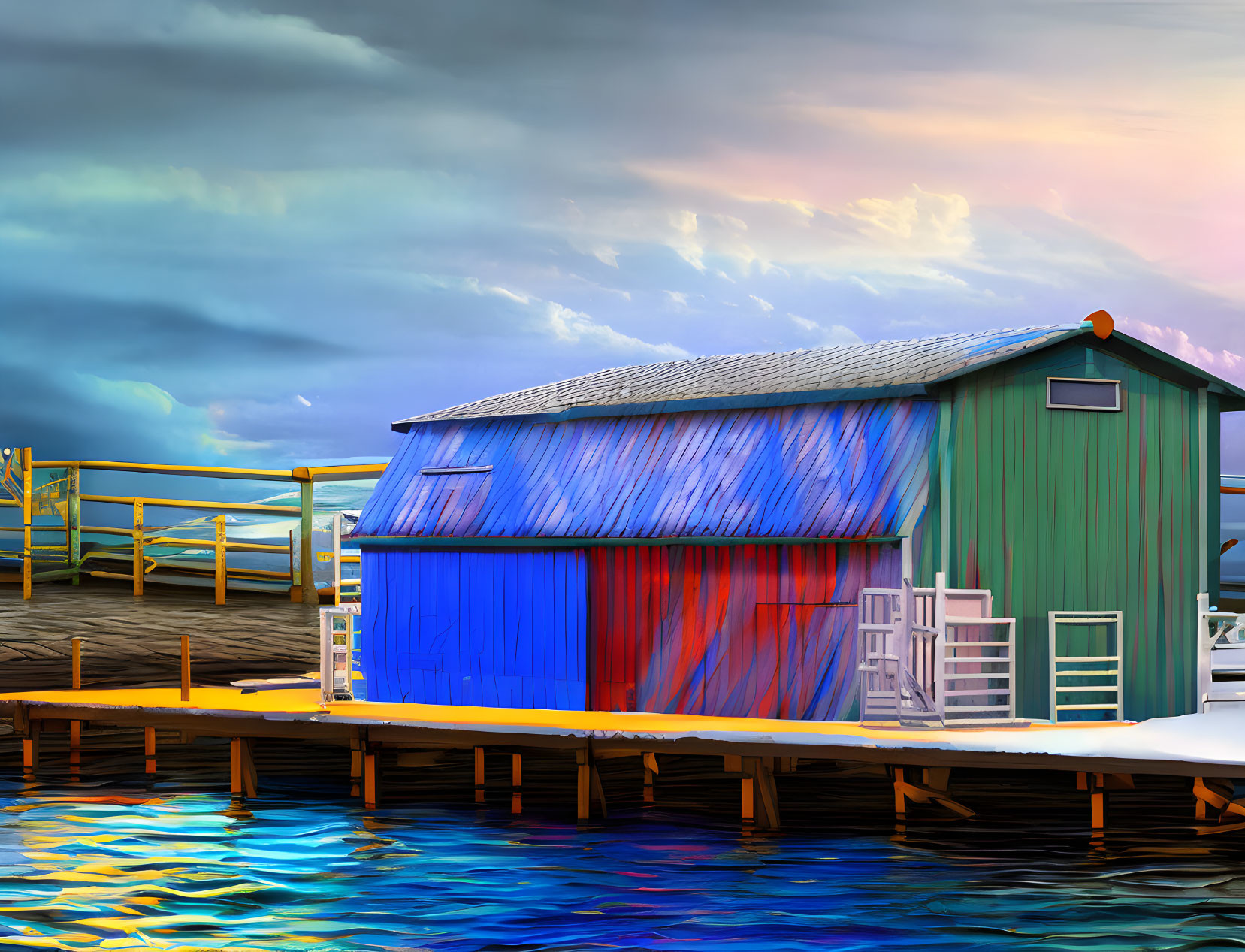 Vibrant waterfront shack with blue and red walls on pier under dramatic sky