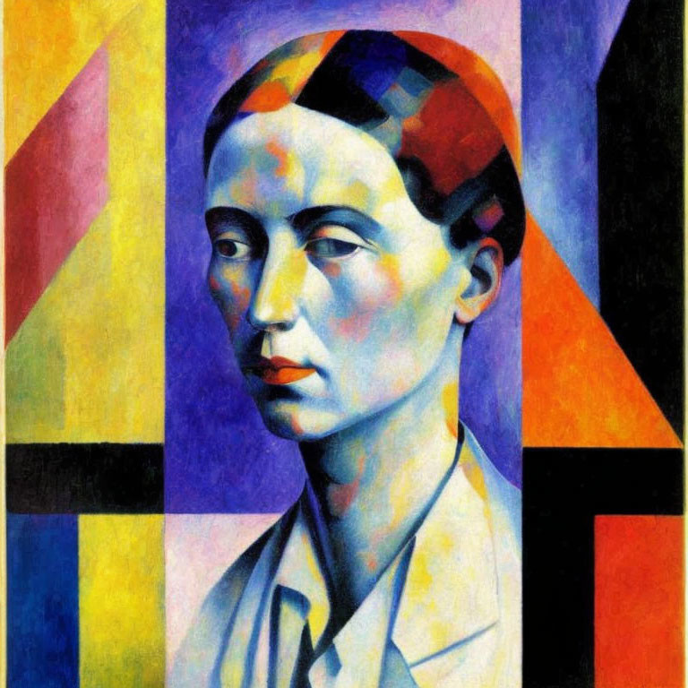 Vibrant Cubist portrait with geometric shapes in yellow, blue, and red