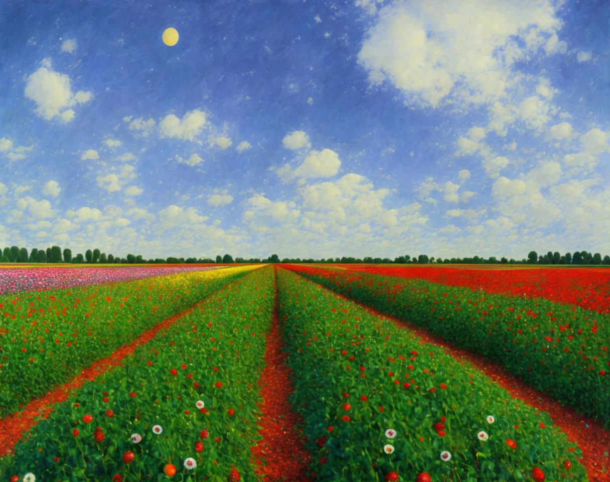 Symmetrical flower fields under blue sky with sun/moon