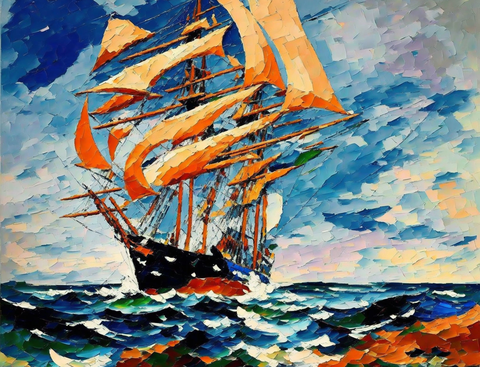 Colorful mosaic painting of tall ship sailing turbulent ocean waves