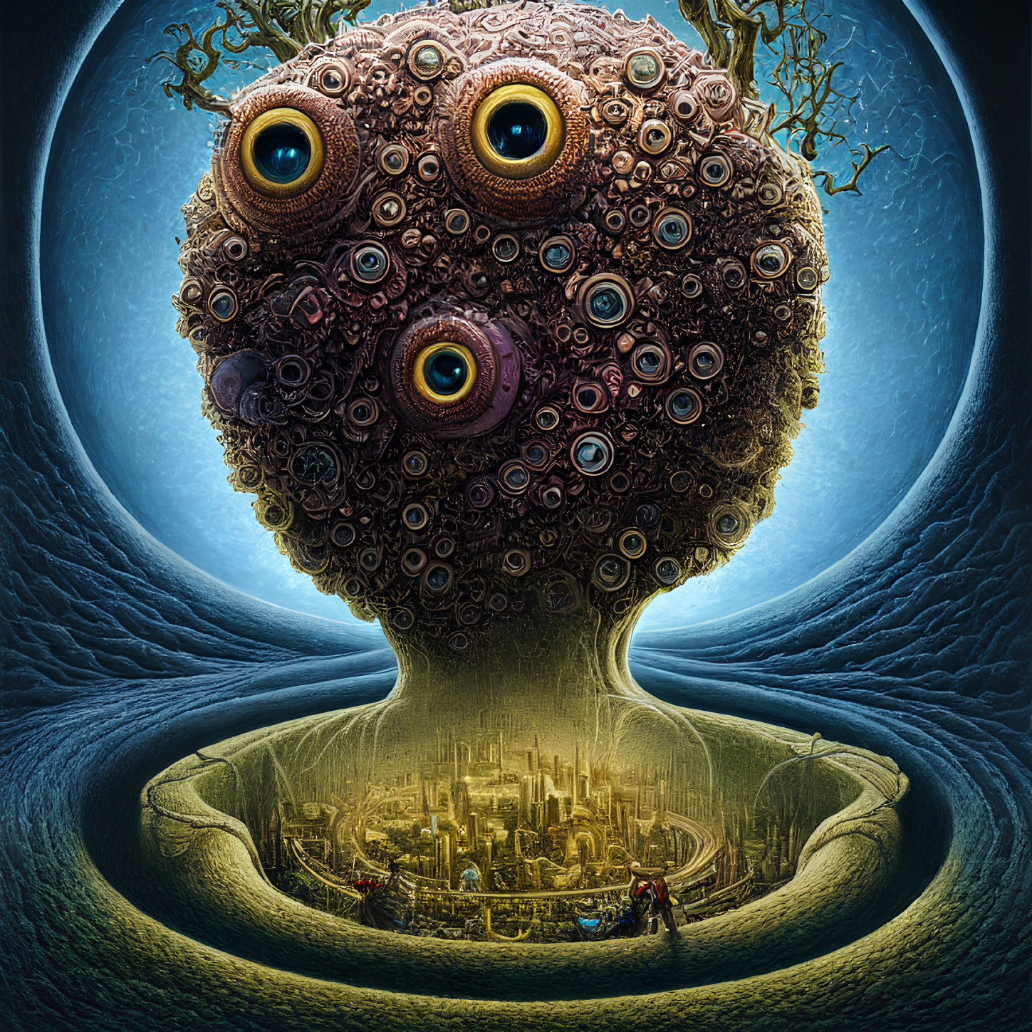 Surreal artwork: entity with multiple eyes in city landscape.