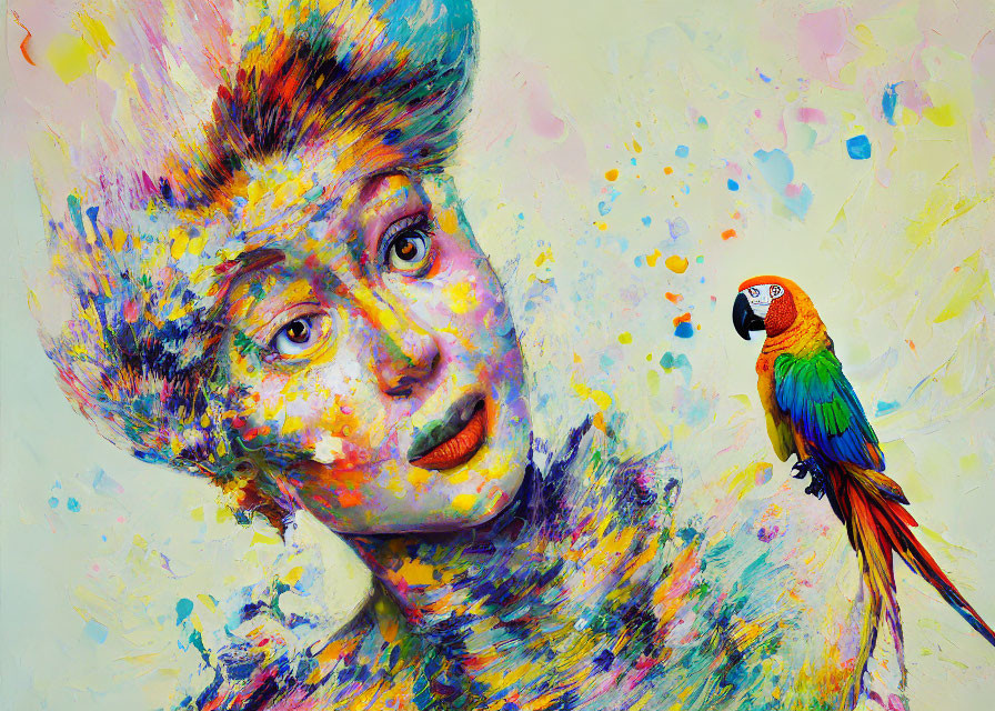 Colorful Painting of Woman with Abstract Paint Splashes and Parrot