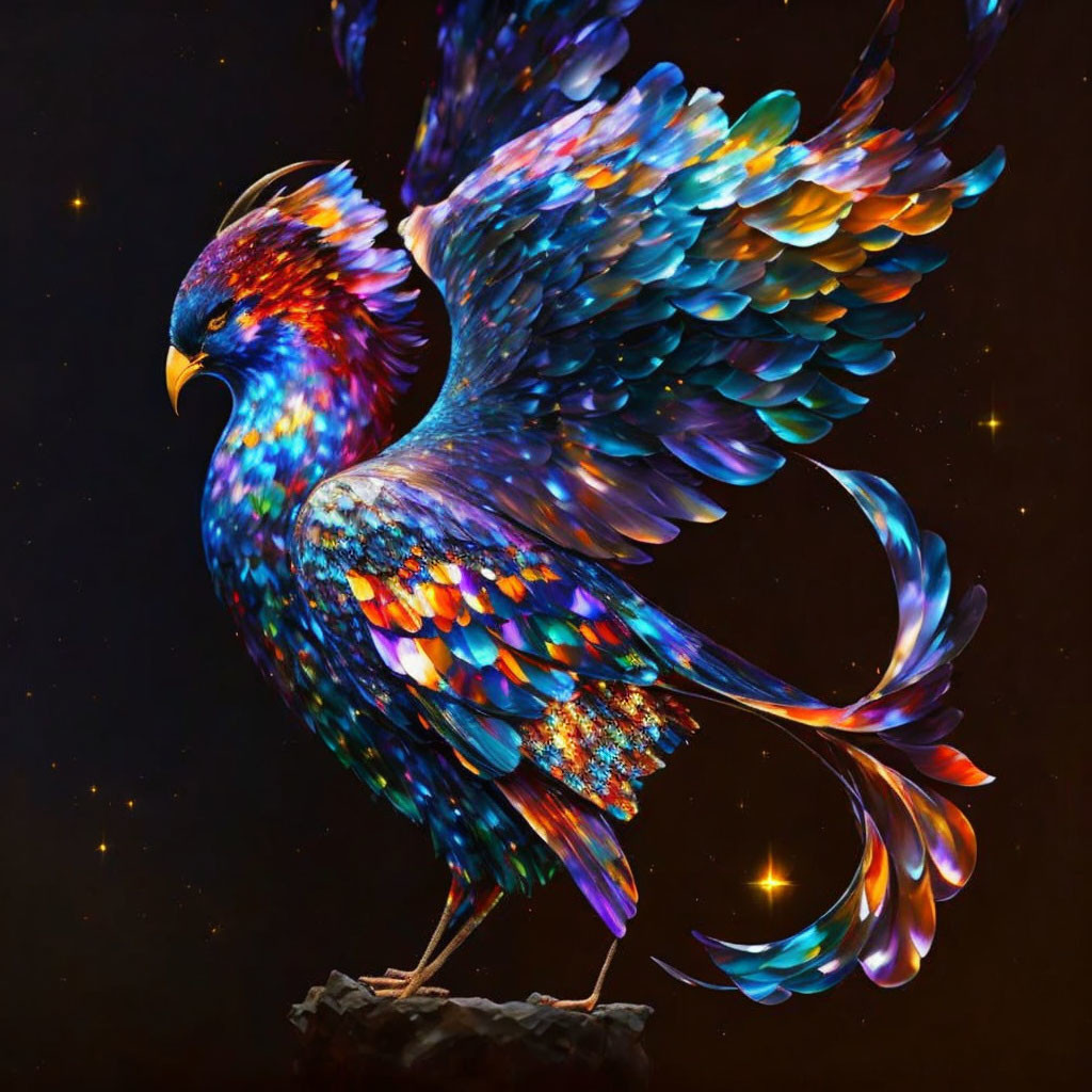 Colorful Phoenix Artwork with Extended Wings and Star-like Sparkles