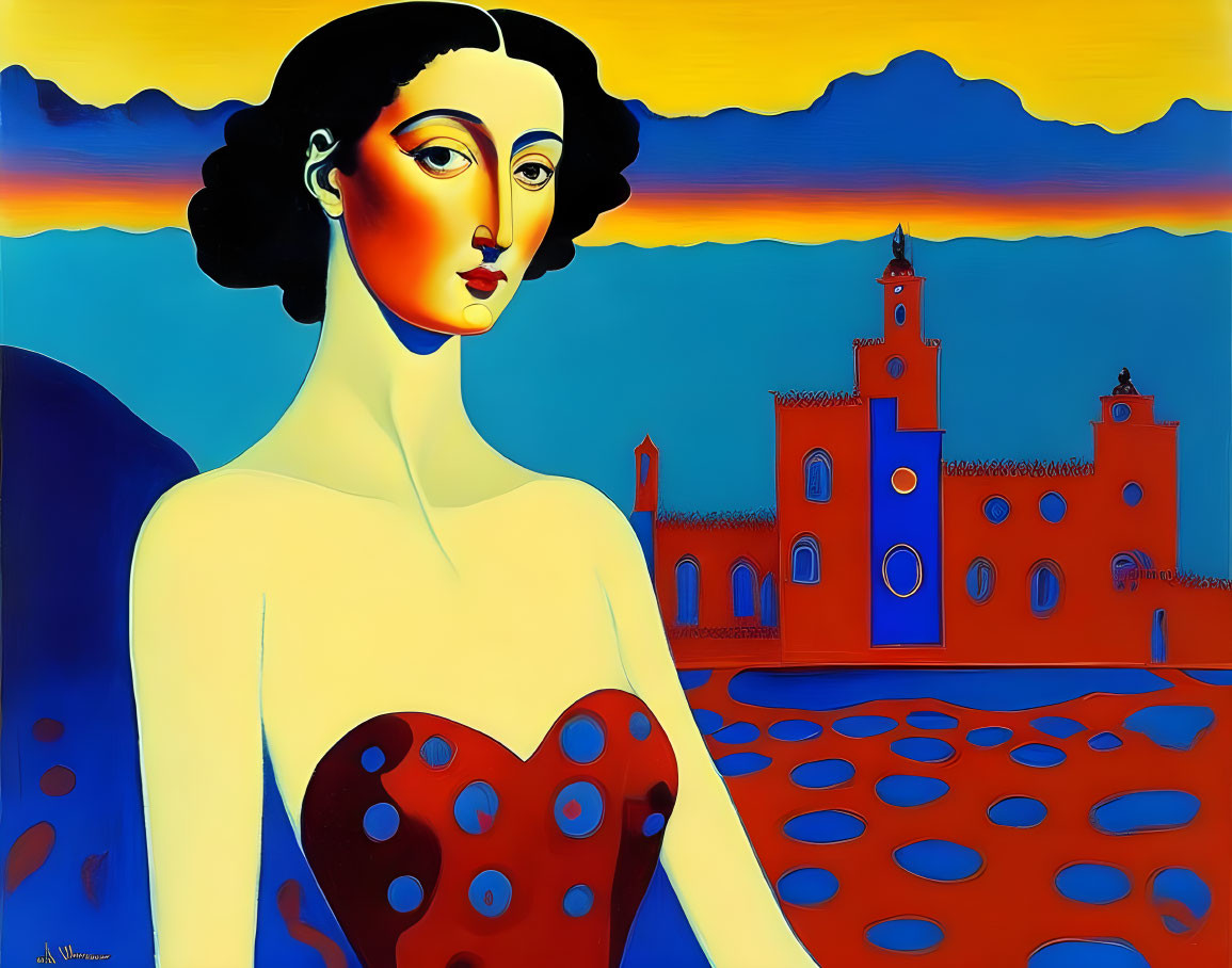 Surrealist painting of woman in polka-dot dress against vibrant landscape