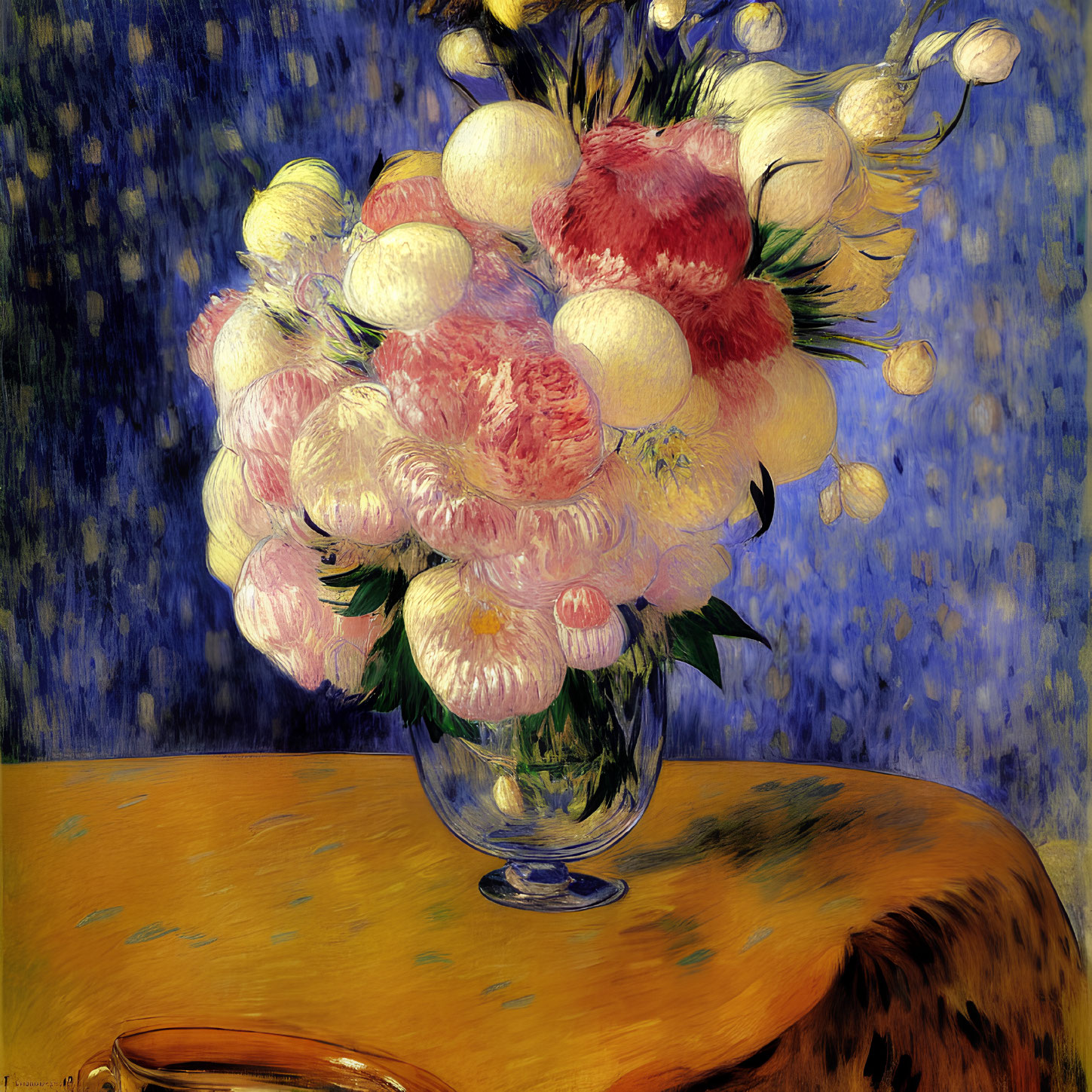 Vivid oil painting of pink and white peonies in a glass vase